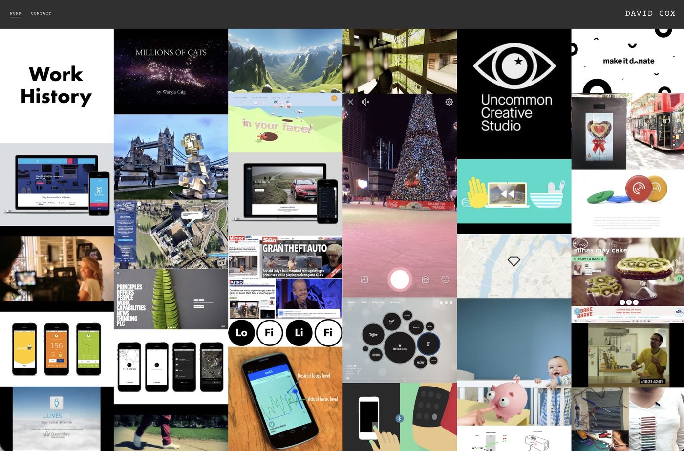 David Cox portfolio site, work history grid